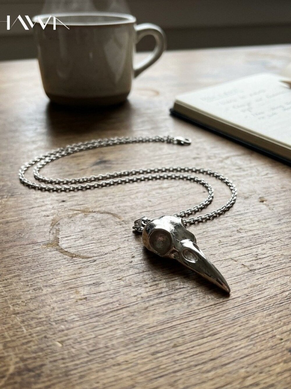 Mens Silver Raven Skull Pendant Necklace
